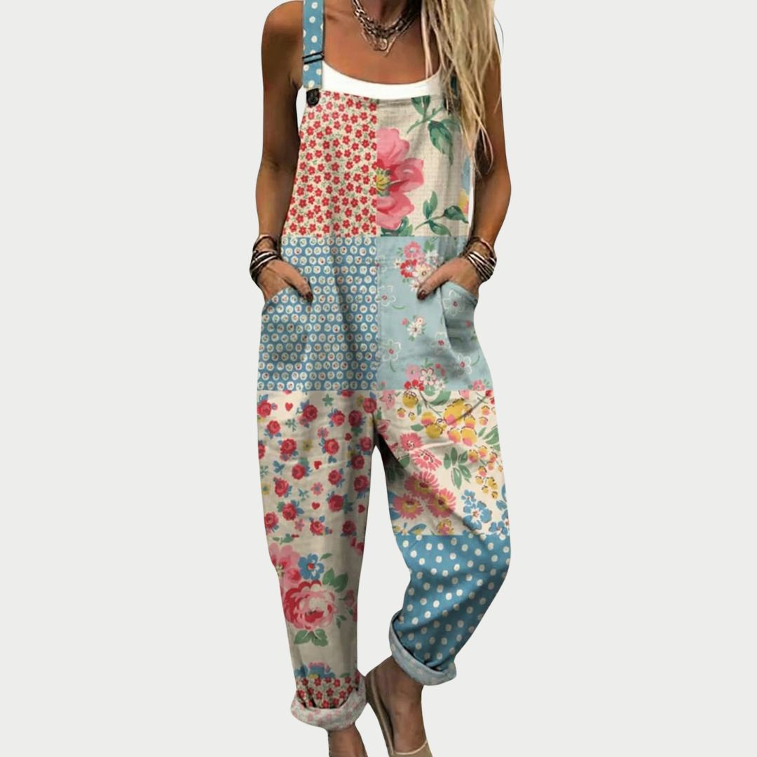 Women's comfortable printed wide-leg overalls with adjustable straps, perfect for casual, stylish wear.
