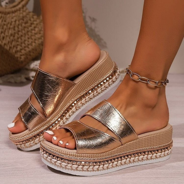 Chic women's shiny platform sandals in gold, offering stylish elegance for vacation & summer events.