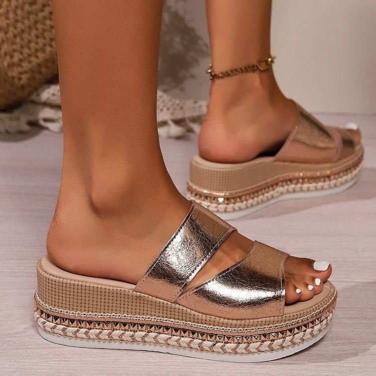 Comfortable women's shiny gold platform sandals, designed for a chic look and all-day wear during summer.