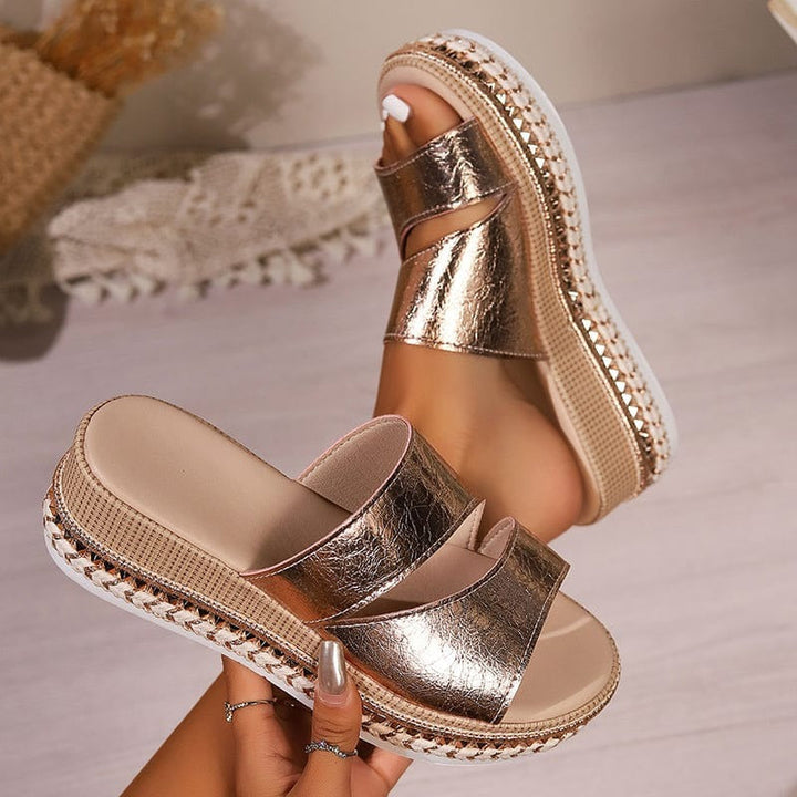 Versatile shiny platform sandals for women, offering comfortable and stylish gold footwear for summer.