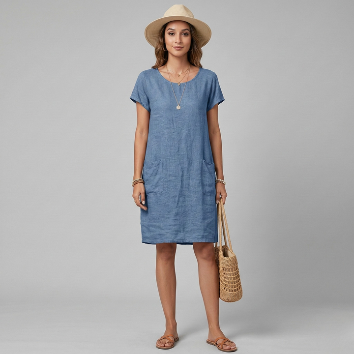 Women's comfortable short sleeve mini dress with pockets, perfect for casual summer wear or vacation outfits.