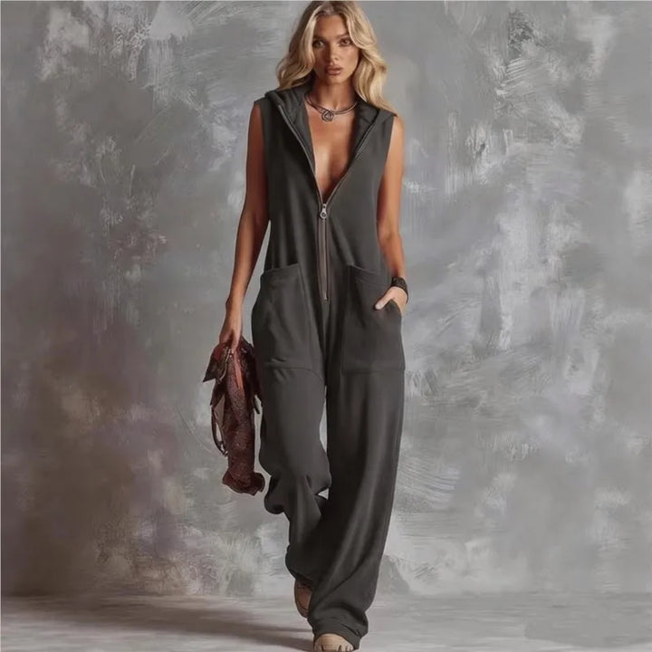 Women's comfortable sleeveless hooded wide-leg jumpsuit with plunging neckline and pockets for casual summer fashion.