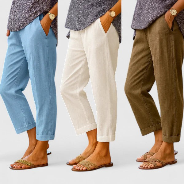 Lightweight women's straight-leg pull-on trousers, offering a comfortable relaxed fit for summer apparel.