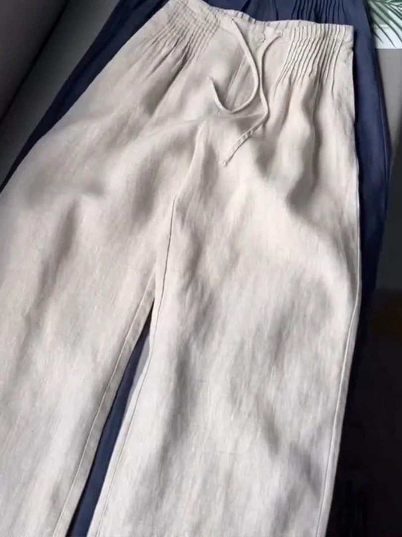 Versatile women's pull-on straight leg trousers with a comfy drawstring waist, ideal for casual fashion.