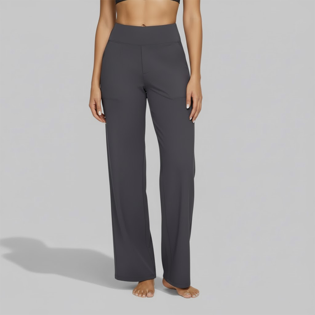 Classic black stretch trousers for women, providing a comfortable and versatile casual fit.