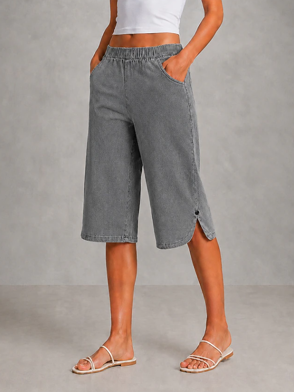 Women's comfortable stretch wide leg capri pants with elastic waist for casual summer style & everyday wear.