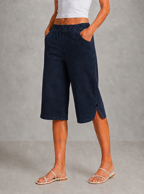 Chic ladies wide leg stretch capri pants; relaxed fit trousers for comfortable casual wear and summer fashion.