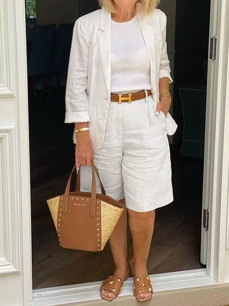 Women's comfortable two-piece summer set with shorts & jacket for stylish, casual lounging or outfit.