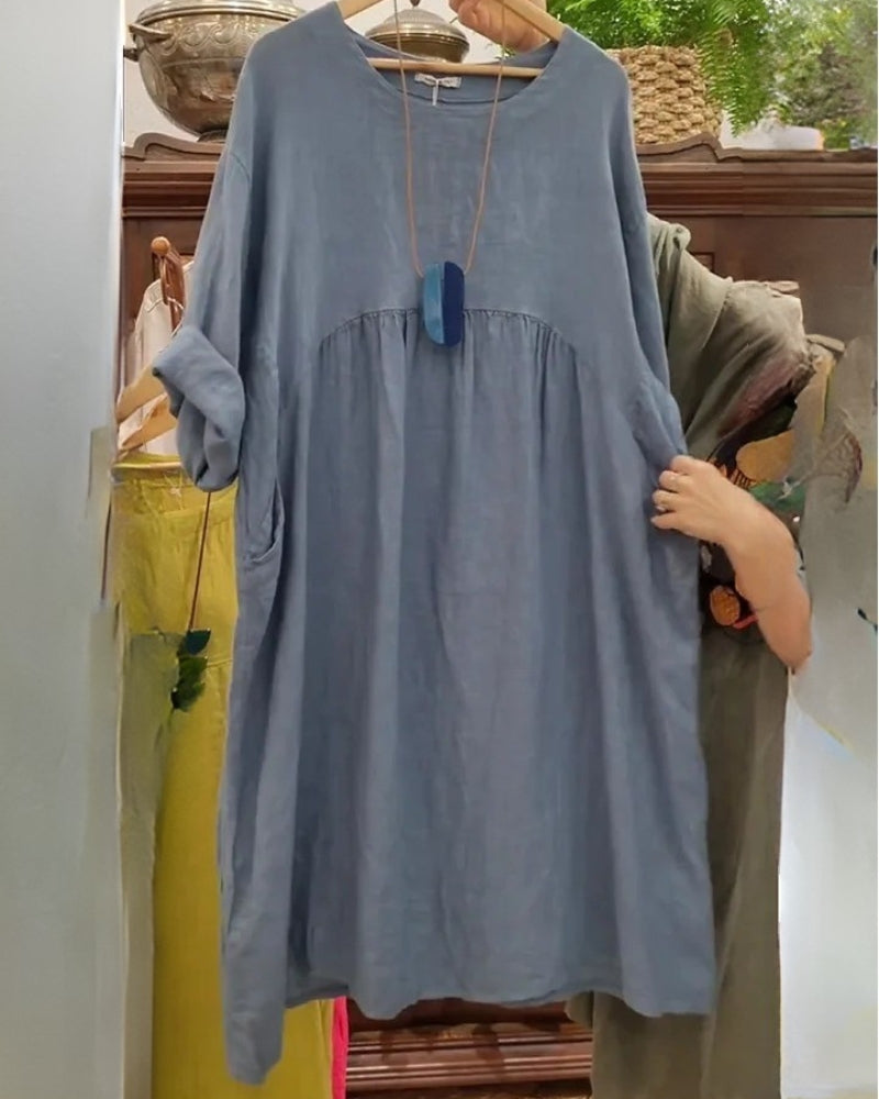 Flattering women's wide dress, knee-length, with belly coverage, ideal for stylish summer comfort.