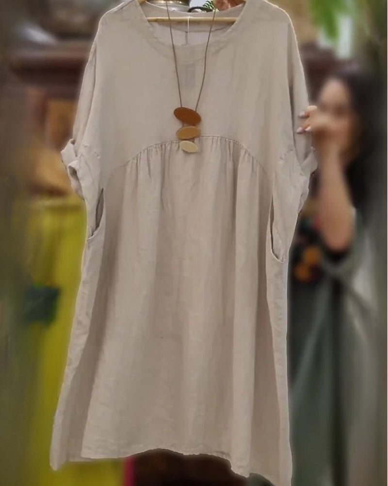 Comfortable wide women's dress, relaxed fit, flattering belly coverage, perfect for casual summer style.