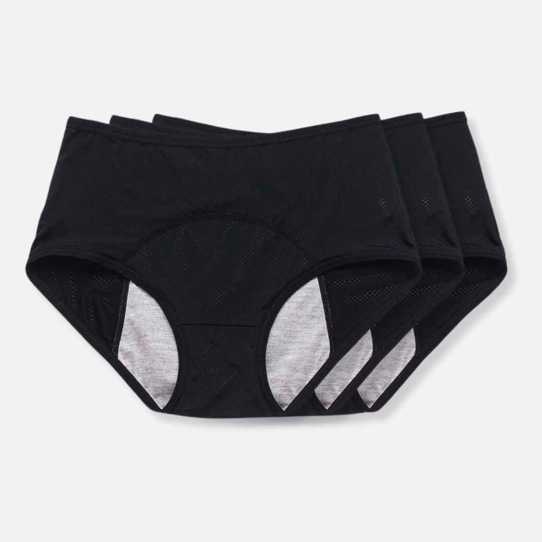 Leak-resistant ComfortFlow women's briefs, reusable, discreet, comfortable incontinence underwear.