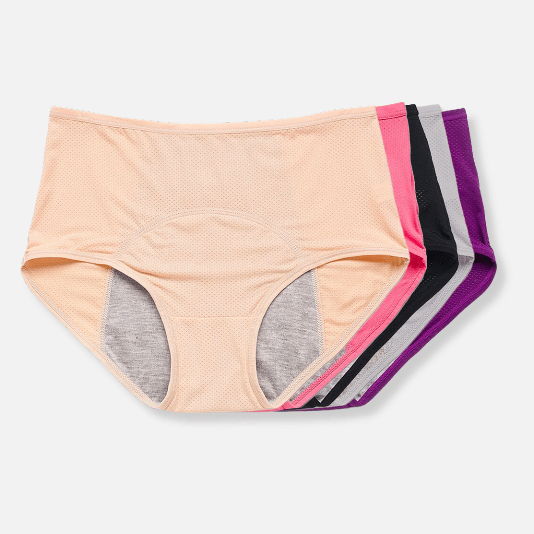 Feminine hygiene ComfortFlow briefs, reusable, leak-resistant, protective underwear for women.