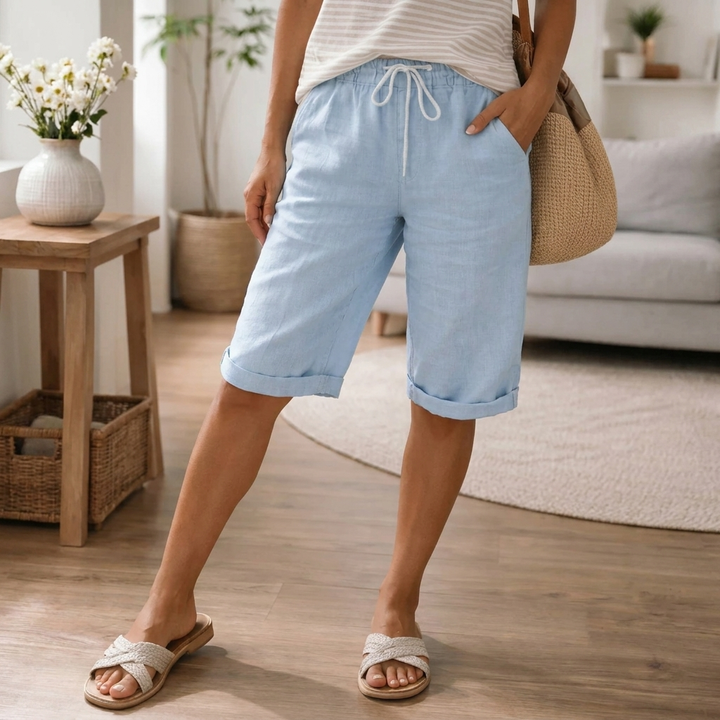 Knee-length women's bermuda shorts, perfect casual summer wear with comfy drawstring waist.