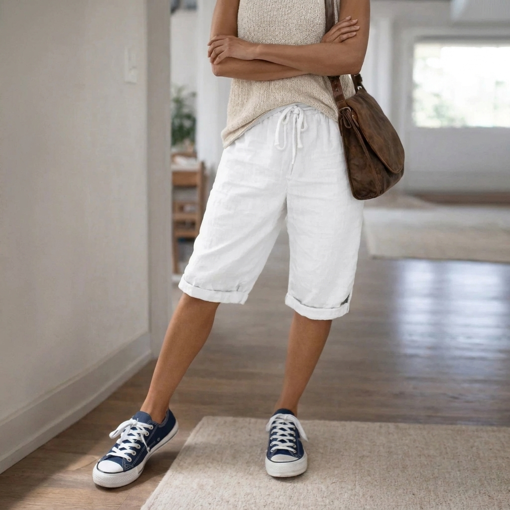 Stylish women's relaxed fit bermuda shorts with drawstring, knee-length for comfortable summer days.