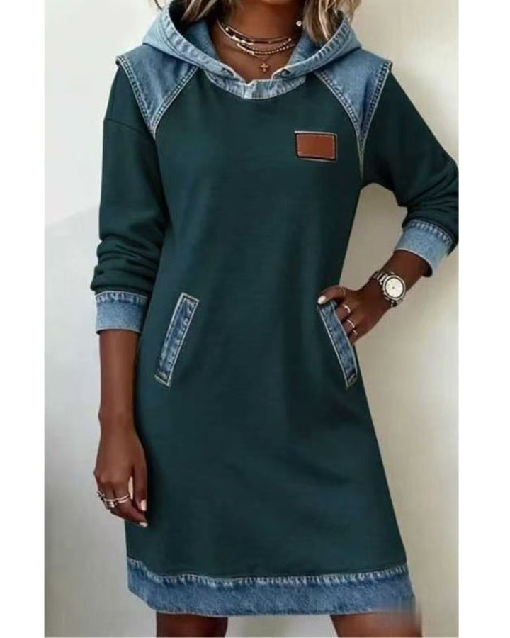 Women's long sleeve hooded dress with a relaxed fit. Chic, comfortable casual wear for modern fashion.