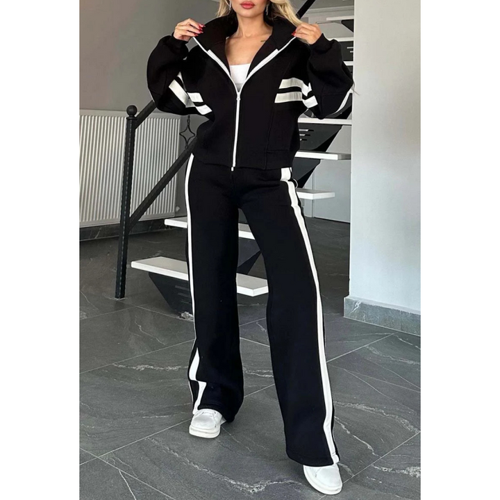 Comfortable wide-leg lounge pants with contrast stripes, part of a women's two-piece tracksuit set.