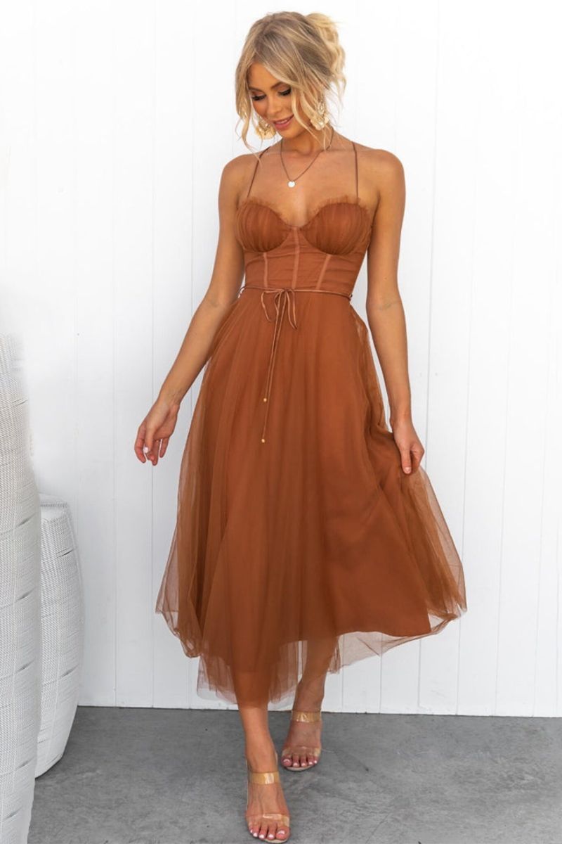 Women's Corset Bodice Tulle Midi Dress, perfect for elegant evenings, formal events & parties.