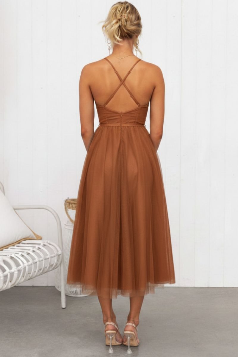 Dusty Pink Corset Bodice Tulle Midi Dress for women, ideal as a romantic wedding guest or party dress.