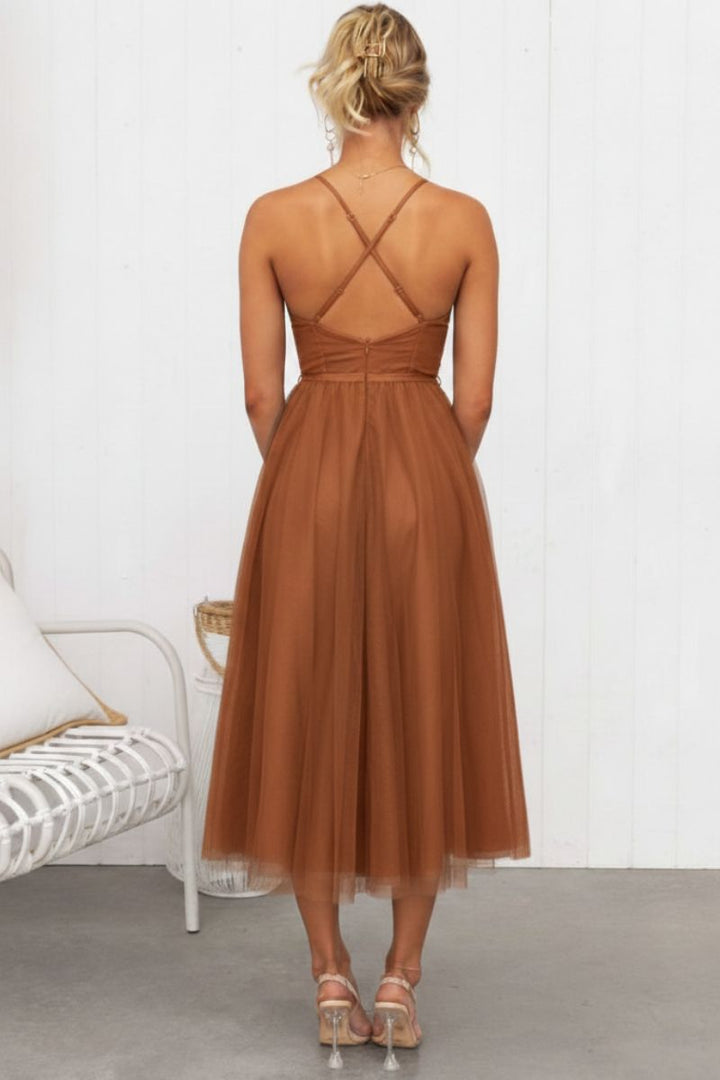 Dusty Pink Corset Bodice Tulle Midi Dress for women, ideal as a romantic wedding guest or party dress.