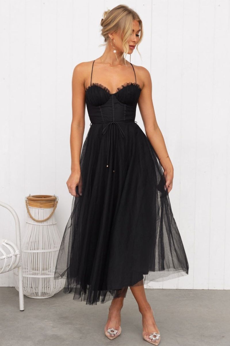 Elegant Black Corset Bodice Tulle Midi Dress, a glamorous formal evening gown for special occasions.