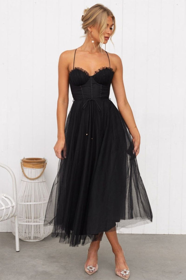 Elegant Black Corset Bodice Tulle Midi Dress, a glamorous formal evening gown for special occasions.
