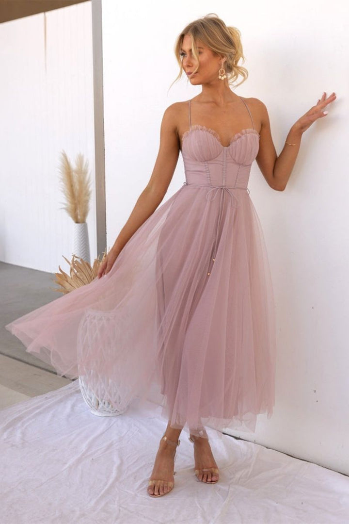 Glamorous Brown Corset Bodice Tulle Midi Dress, a chic choice for formal wear, parties & evening events.