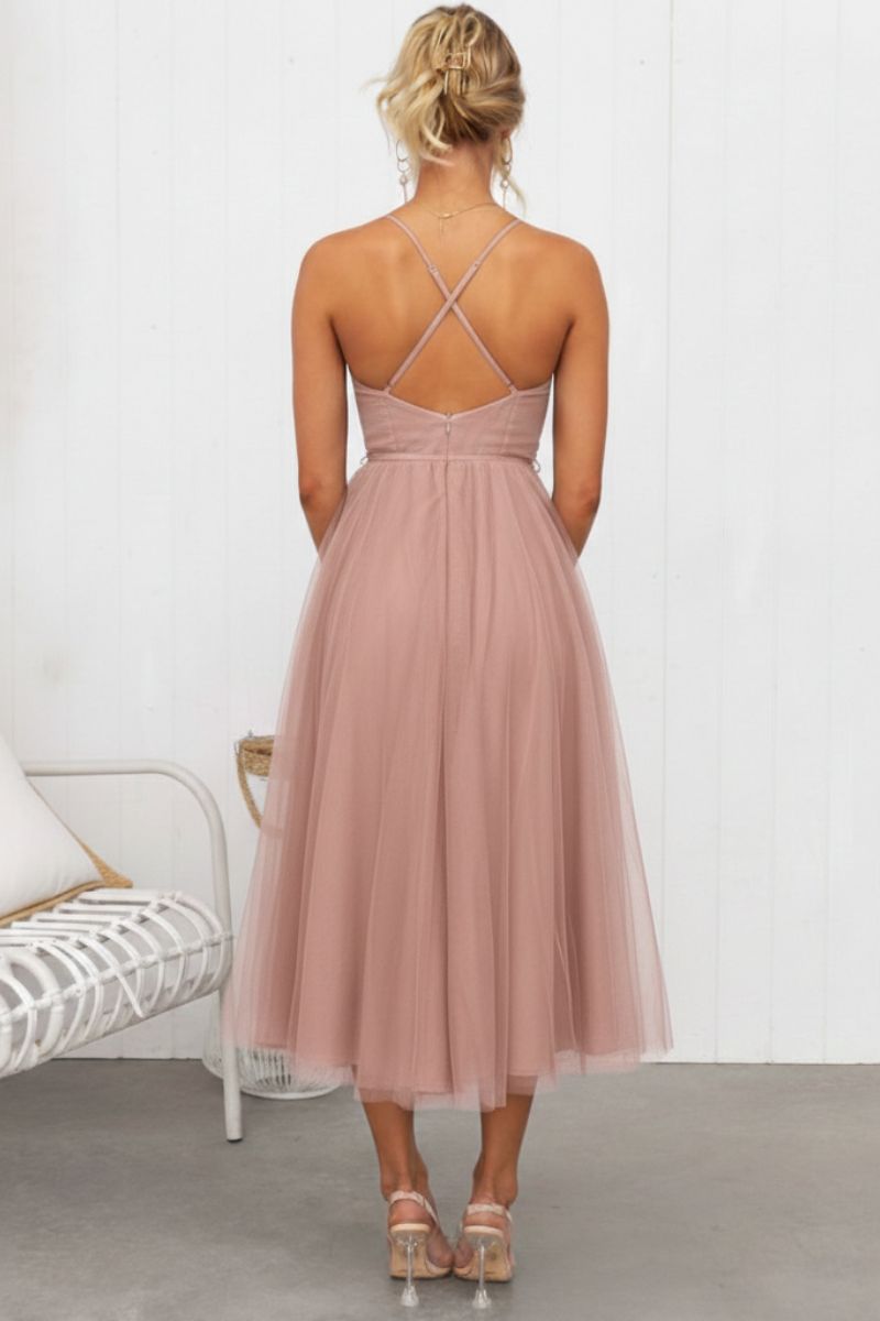 Stylish Women's Tulle Midi Dress with corset bodice, perfect as a formal occasion or wedding guest dress.