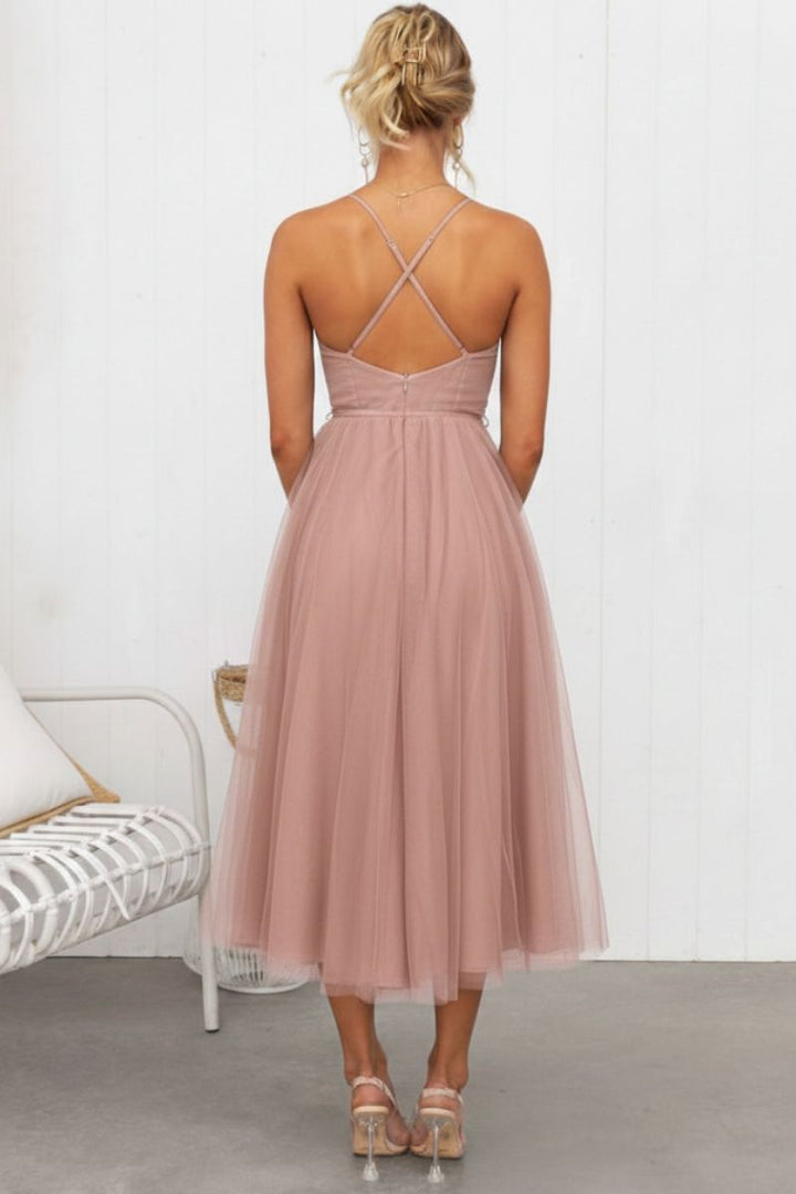 Stylish Women's Tulle Midi Dress with corset bodice, perfect as a formal occasion or wedding guest dress.