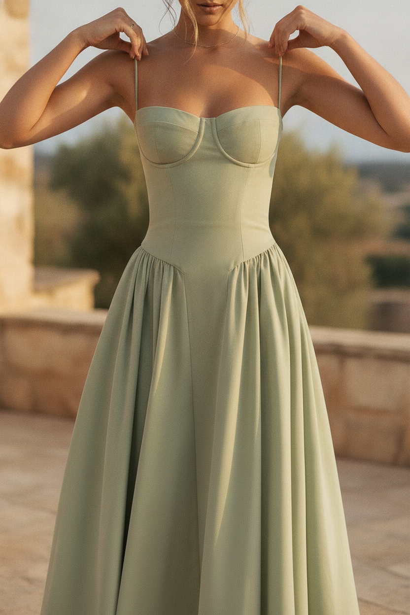 Women's corset midi dress with adjustable spaghetti straps, perfect for evening or party wear.