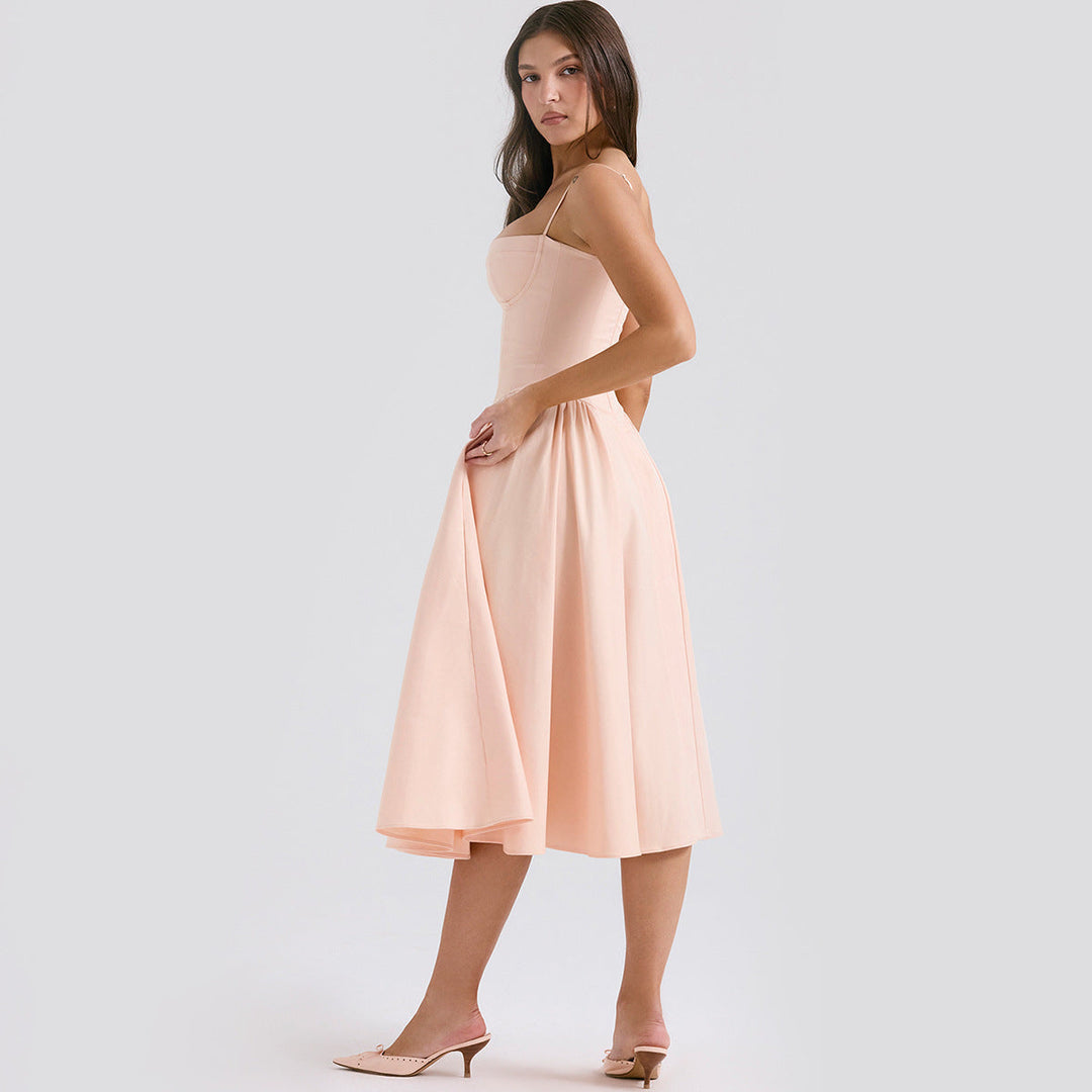 Stylish women's midi dress, adjustable spaghetti straps, and corset detailing for a chic look.
