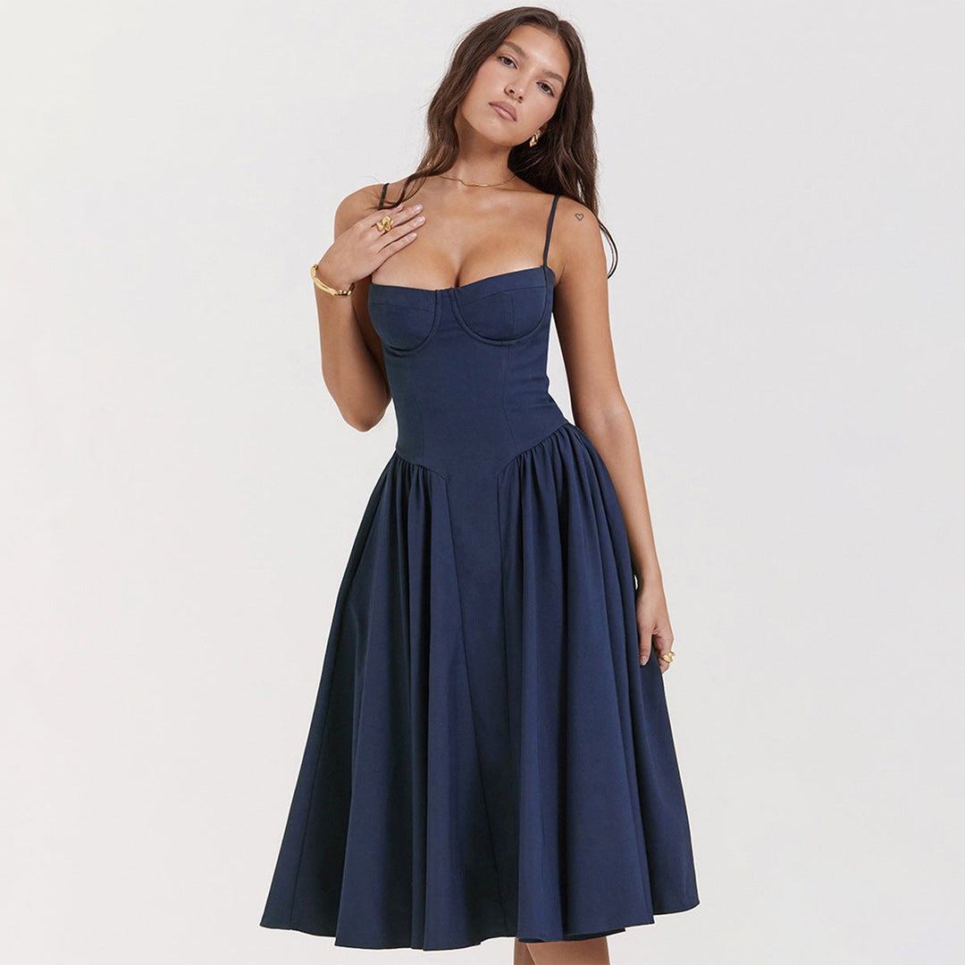 Bodycon midi dress for women, featuring a corseted bodice and adjustable spaghetti straps for a sleek fit.