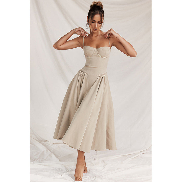 Elegant women's party dress: midi length, corset design, and adjustable spaghetti straps for a custom fit.