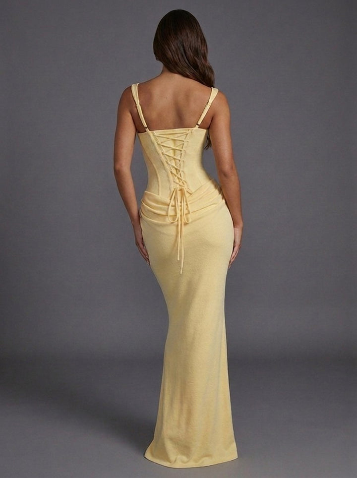 Draped square-neck column maxi dress for women, featuring a chic corset design.