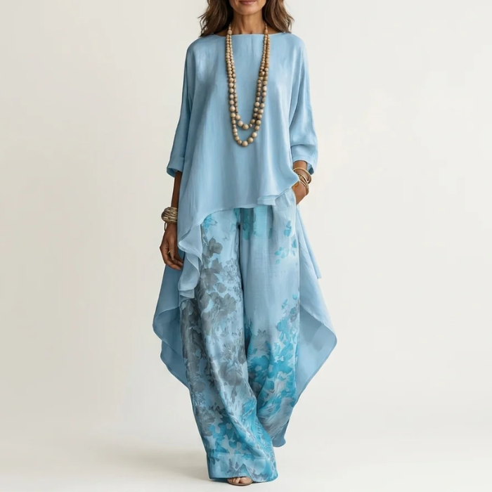 Women's cotton-silk two-piece set with an elegant asymmetric tunic and relaxed fit pants.