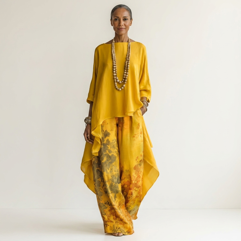 Luxurious cotton-silk two-piece set for women, with an elegant asymmetric tunic and comfortable fit.