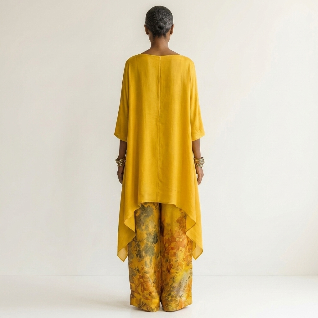 Women's elegant cotton-silk two-piece set, an asymmetric tunic and relaxed pants for summer fashion.