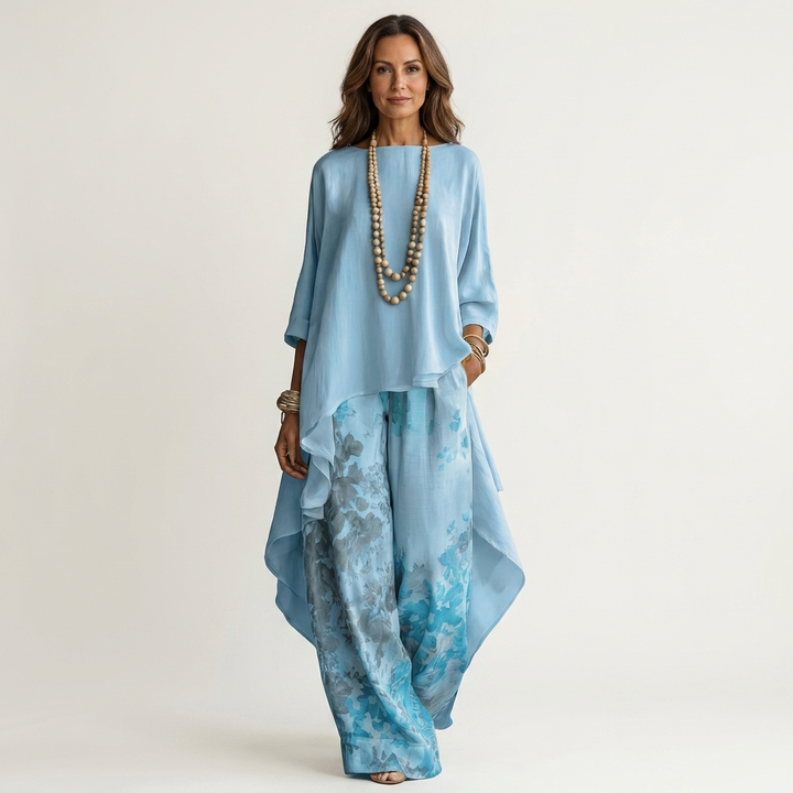Elegant women's cotton-silk two-piece set, perfect summer outfit and resort wear with asymmetric tunic.