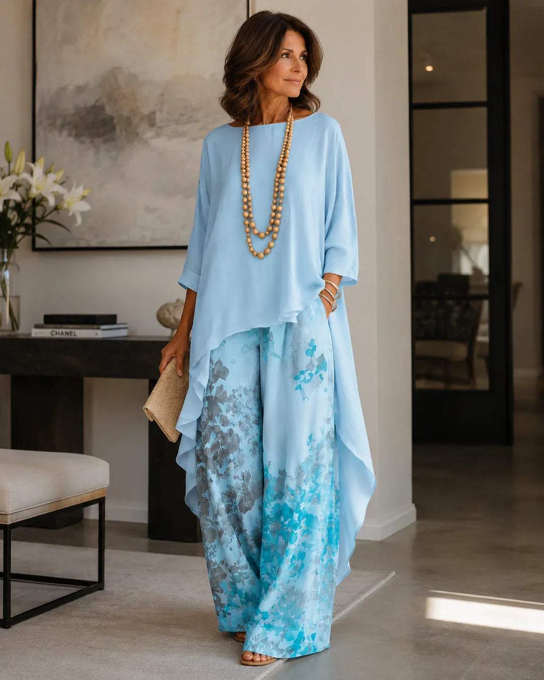 Relaxed fit women's cotton-silk two-piece set with chic asymmetric tunic for casual or resort wear.
