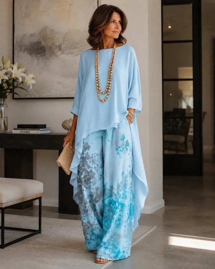Relaxed fit women's cotton-silk two-piece set with chic asymmetric tunic for casual or resort wear.