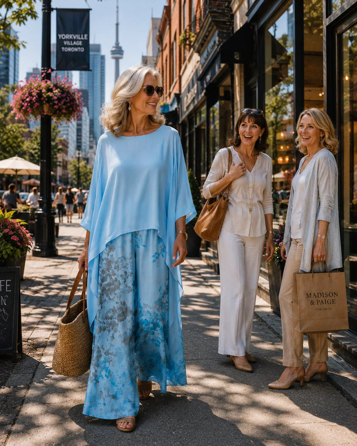 Coordinated women's cotton-silk two-piece set, an elegant asymmetric tunic and comfy pants.