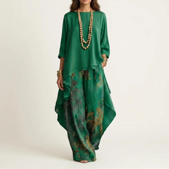 Fashionable women's cotton-silk two-piece set with a unique asymmetric tunic. Perfect for summer outfit.