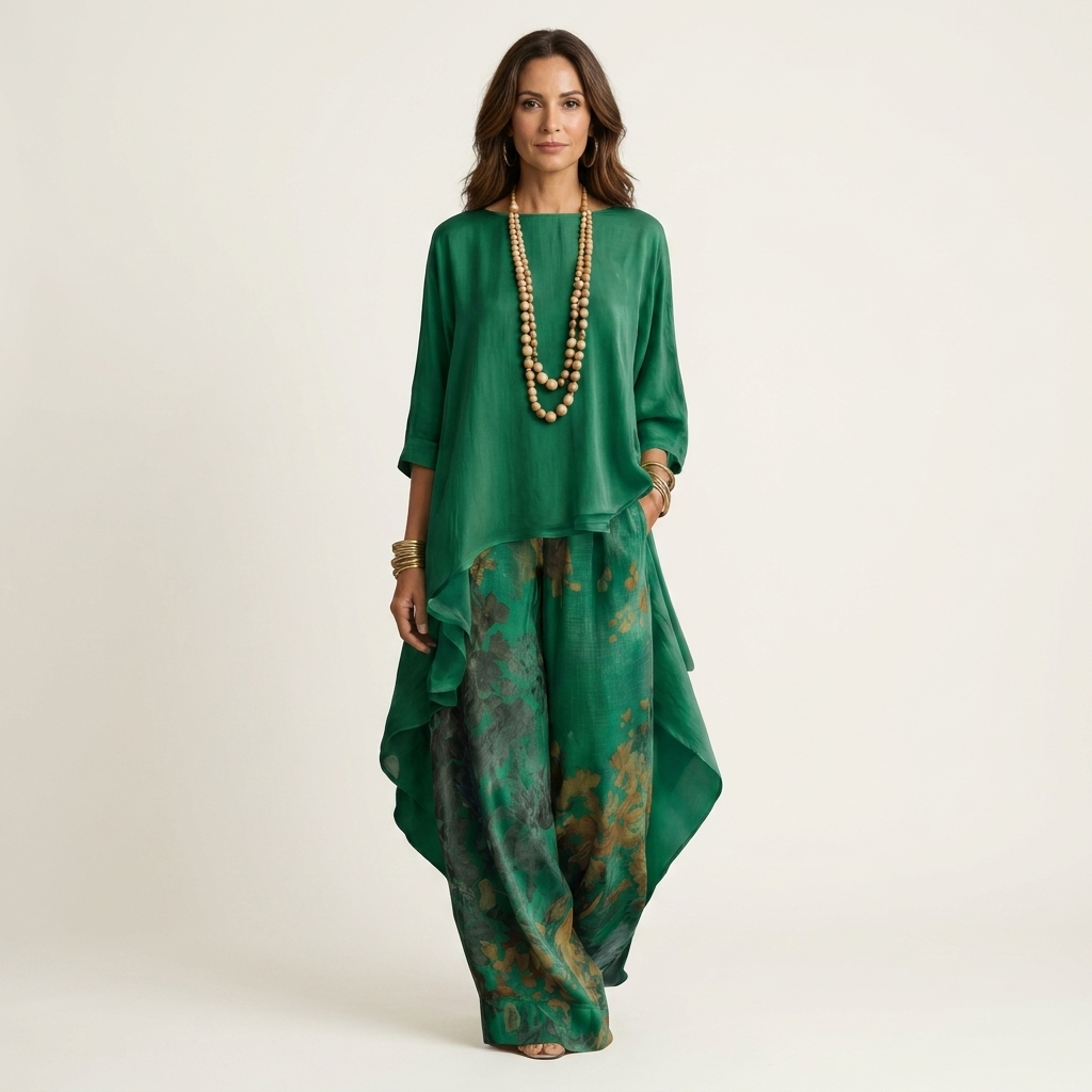 Versatile women's cotton-silk two-piece set. Asymmetric tunic & relaxed fit pants for resort or casual chic.