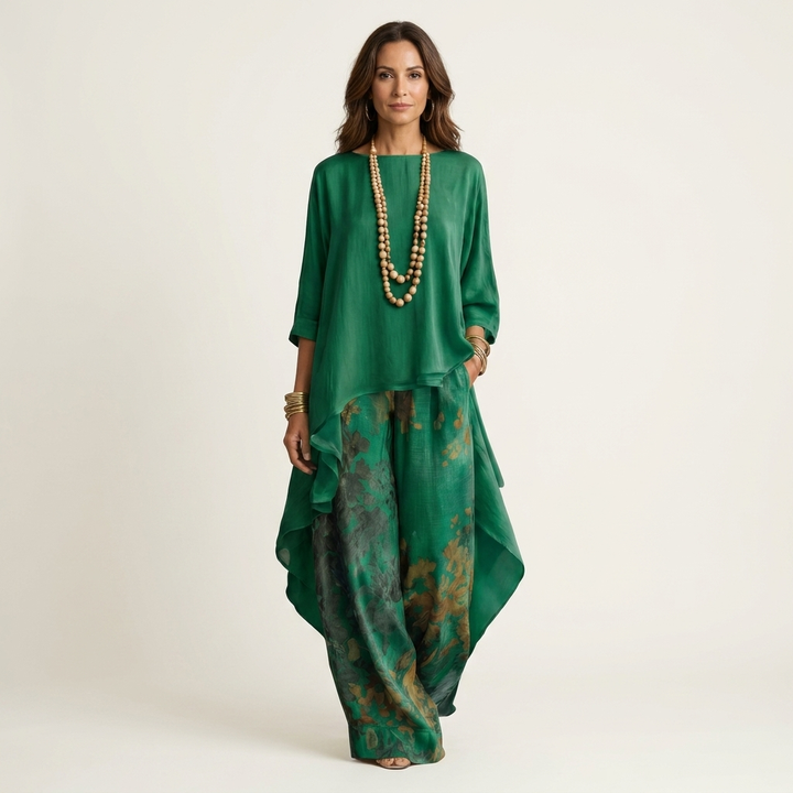Versatile women's cotton-silk two-piece set. Asymmetric tunic & relaxed fit pants for resort or casual chic.
