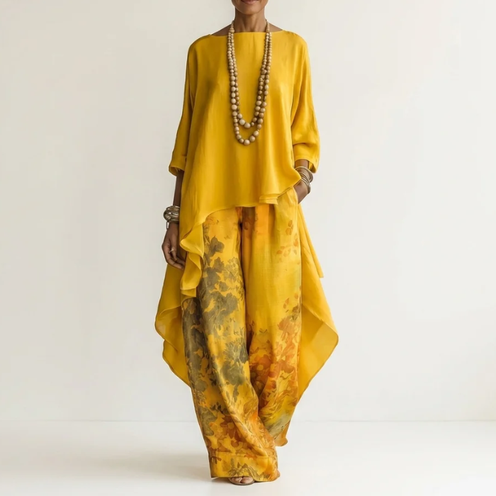 Casual chic women's cotton-silk two-piece set, featuring an asymmetric tunic and relaxed pants.