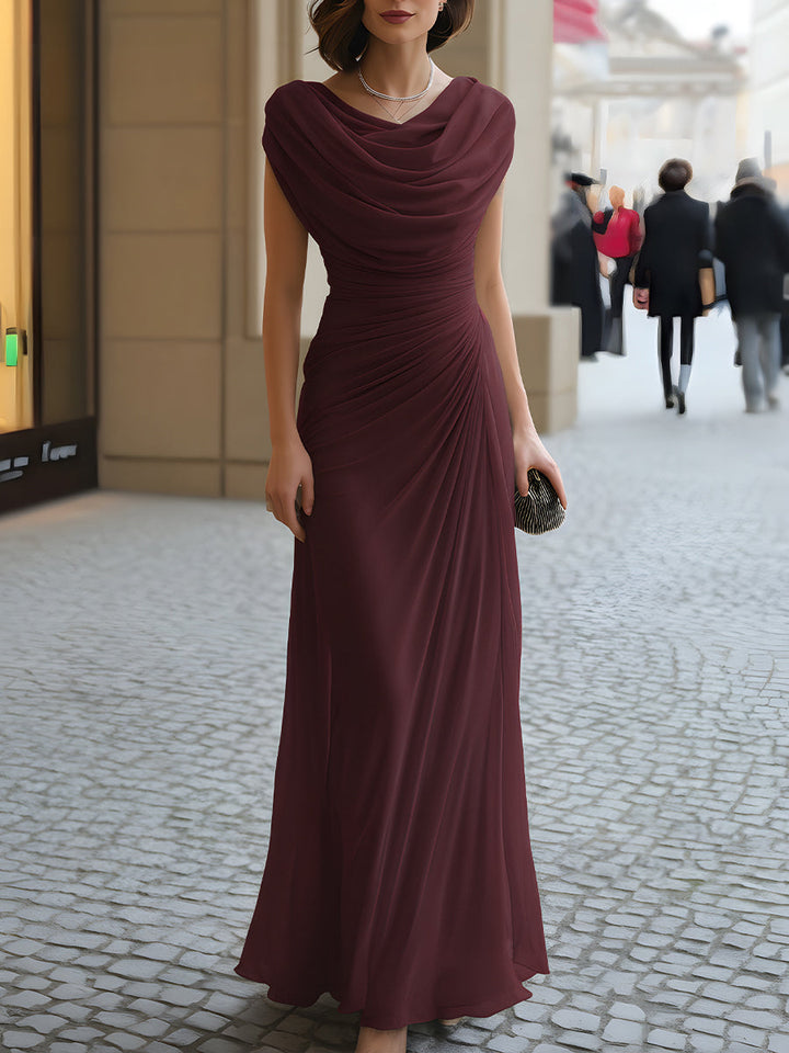 Stunning women's ruched cowl neck maxi dress, an elegant choice for wedding guests.