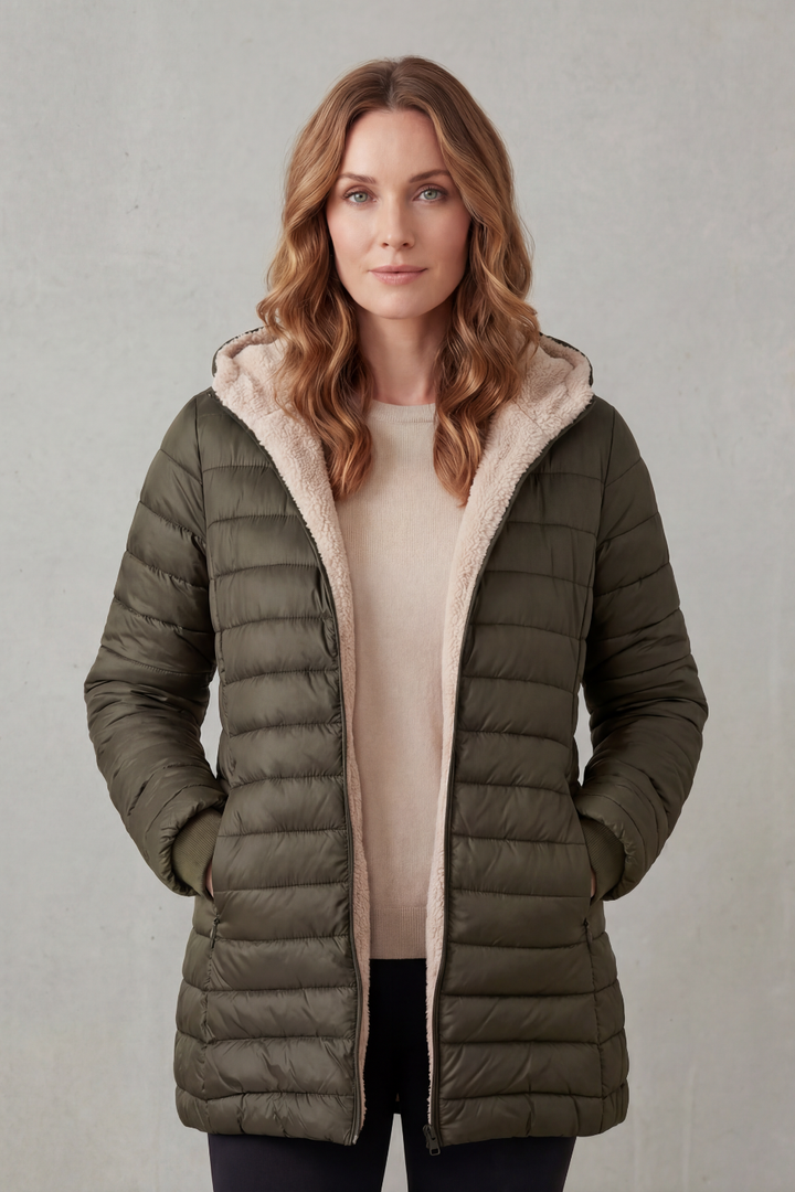 Grey women's hooded winter jacket, cozy and essential warm outerwear for cold weather.