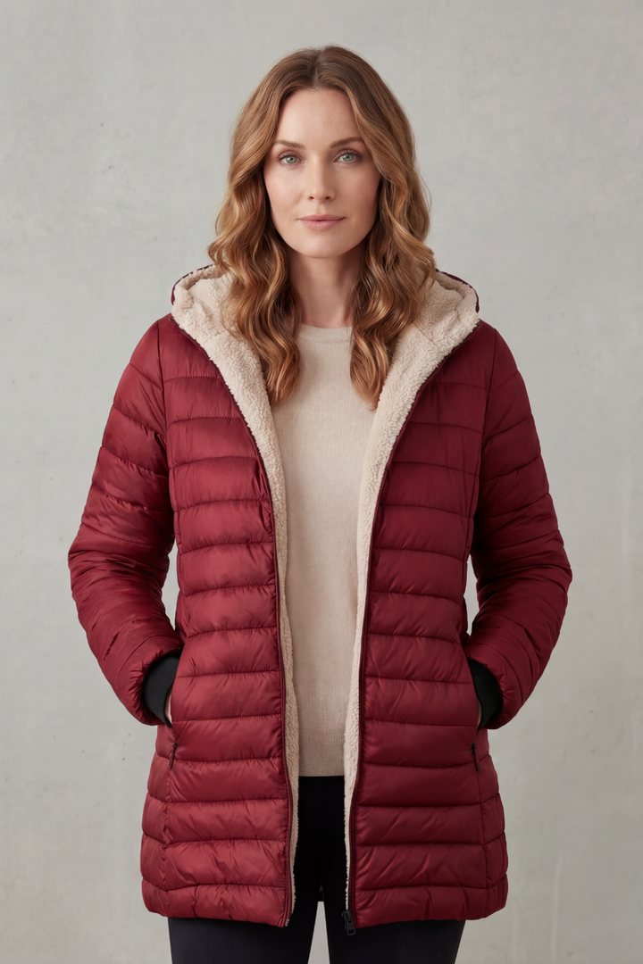 Red women's warm winter coat with hood, stylish and comfortable cold weather outerwear.