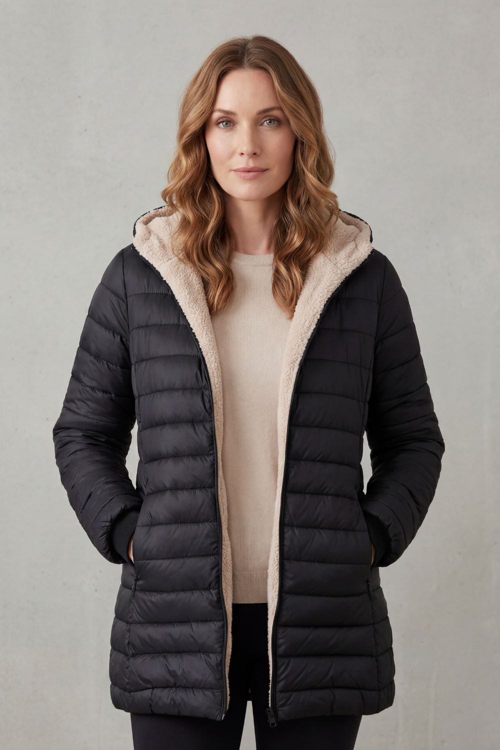 Stylish women's dark blue hooded winter coat, perfect for warmth in chilly weather.