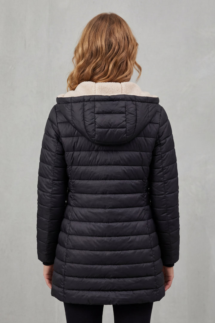 Dark green women's hooded winter jacket, comfortable and warm for everyday wear.