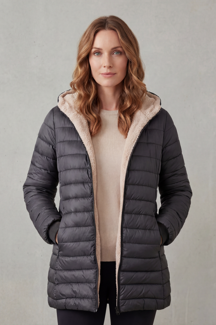 Black women's winter coat, a cozy hooded jacket for stylish cold weather outerwear.